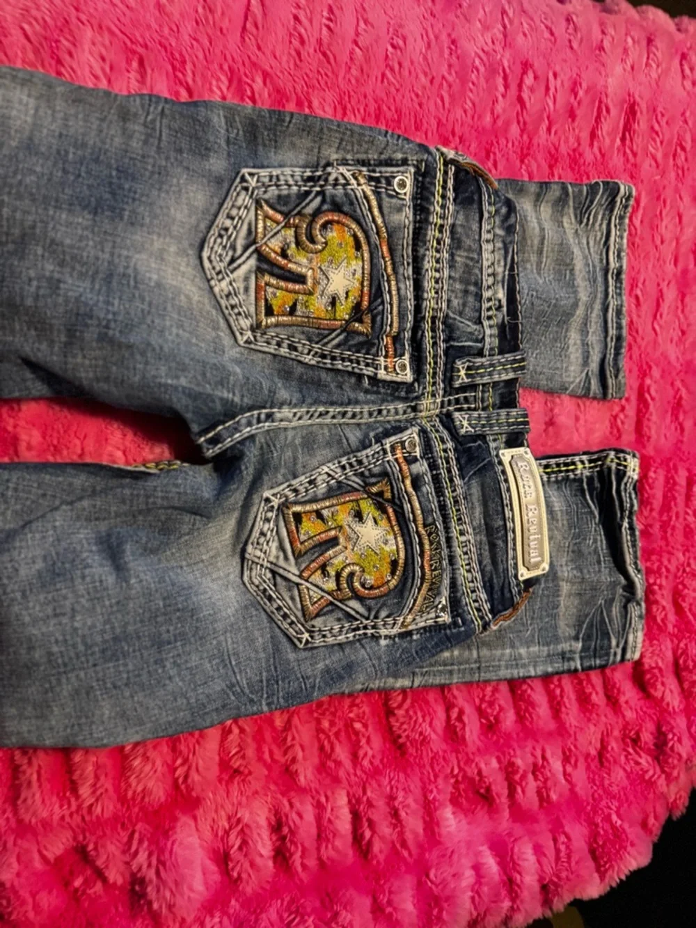 Rock Revival Distressed Blue Flare Jeans with Contrast Stitching - Picture 3 of 4